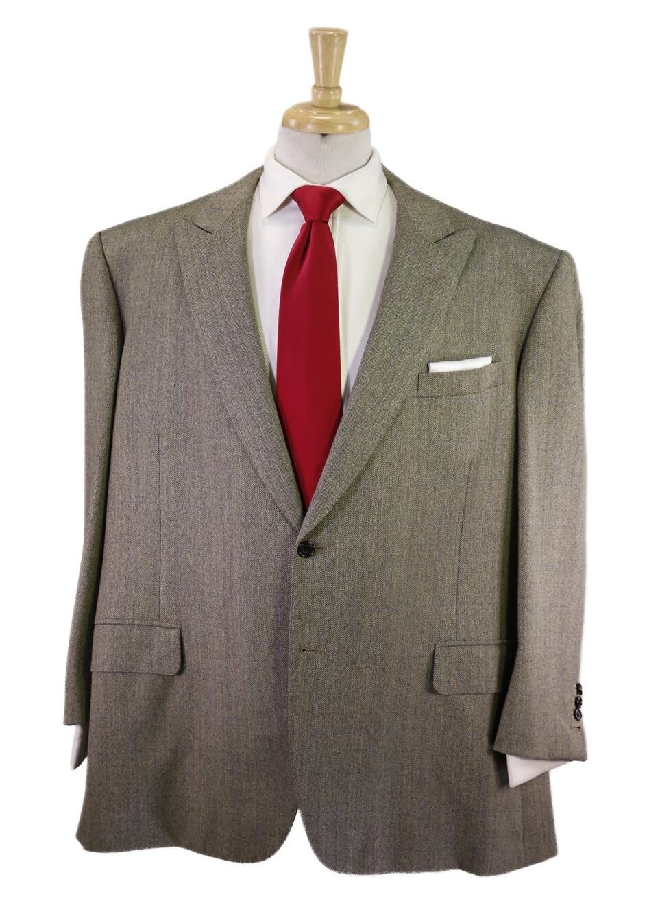 Oxxford Brown Blue Herringbone Tweed Wool Peak Lapel 2-Btn Suit 52R